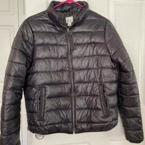 STYLUS Black Dark Gray Nylon Quilted Puffer Women's Jacket Coat w/ Pockets L